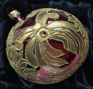 Koule červená se zlatým ornamentem, 6 cm
